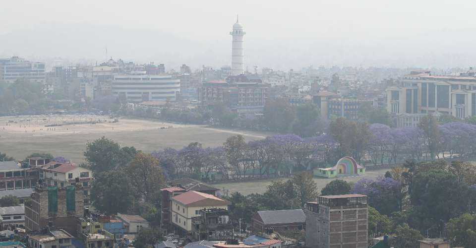 A general view shows high levels of air pollution amid dense smog in Nepal's capital city Kathmandu on April 29, 2024. 