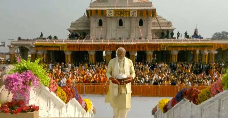 Prime Minister Narendra Modi walking up the stairs to consecrate the Ram temple on Jan. 22. The temple was built after the demolition of an ancient mosque in 1992 by Modi's party.