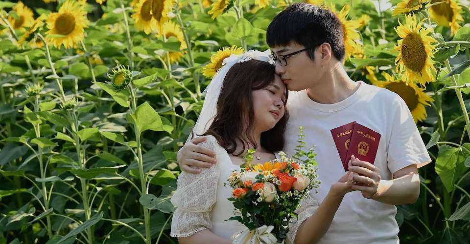 A Chinese couple holding their marriage certificates pose for photos in a sunflower field in Beijing on July 9, 2021.