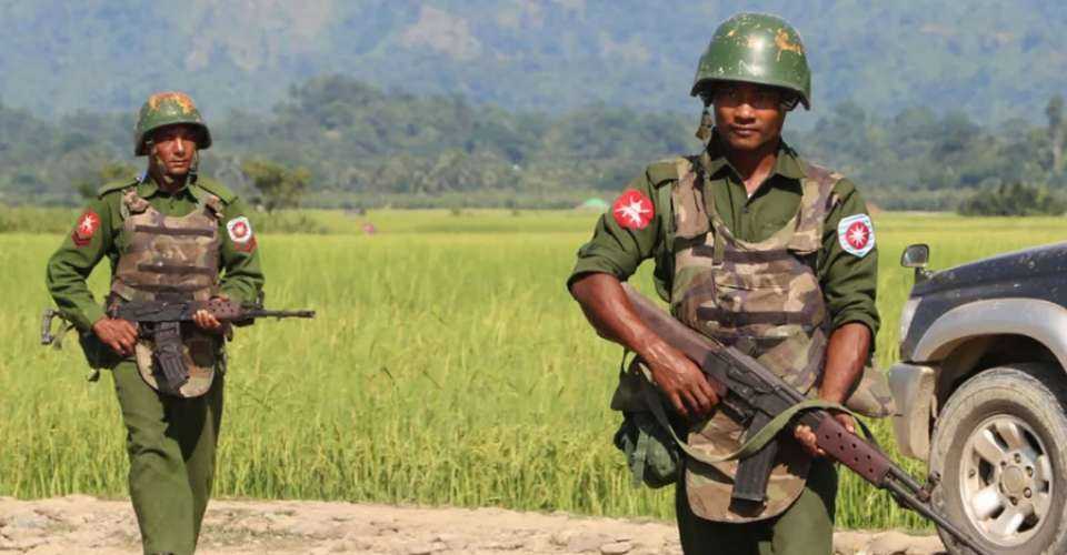 Myanmar army soldiers patrol a village in Maungdaw located in Rakhine State in this file image.