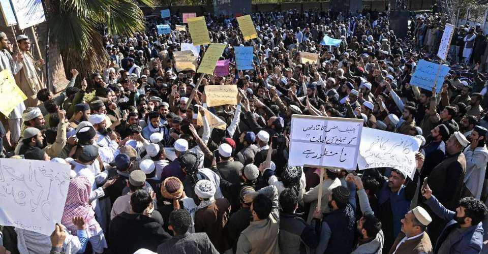 Muslims protest against Supreme Court Chief Justice Qazi Faez Isa, in Peshawar on February 23, 2024. Pakistan’s Supreme Court has defended its top judge after a ruling he issued related to blasphemy that sparked an online backlash and led to thinly veiled death threats.