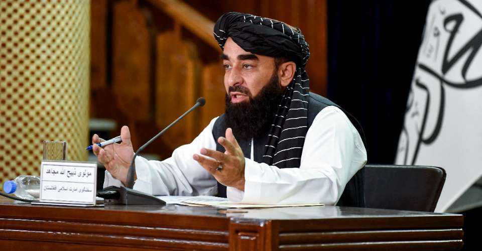 A Taliban spokesman addresses a press conference in Kabul on June 29