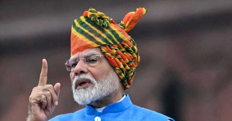 India's Prime Minister Narendra Modi addresses the nation from the ramparts of the Red Fort, to mark the country's Independence Day in New Delhi on Aug. 15. 