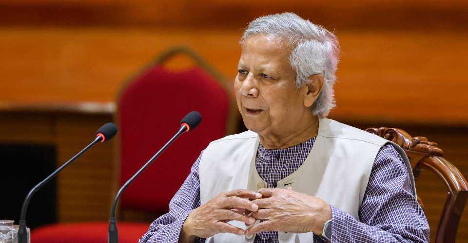 Professor Muhammad Yunus, head of Bangladesh's interim government, speaks to faith leaders during a gathering in the capital Dhaka on Dec. 5, 2024.