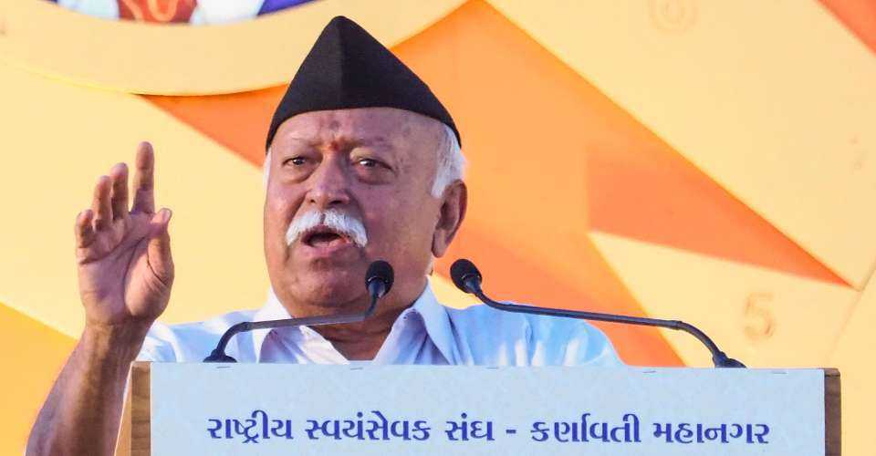 Mohan Bhagwat, chief of the Rashtriya Swayamsevak Sangh (RSS or National Volunteer Corps) speaks during a meeting of its cadres in Ahmedabad, India on April 14, 2023.