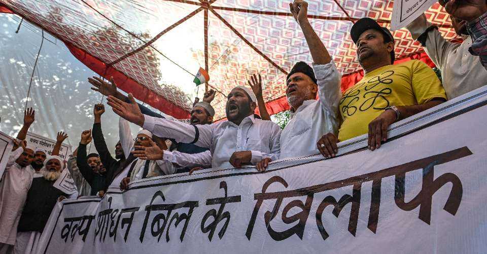 Muslims shout slogans at a protest after their Friday prayers in Jalandhar on April 4 against the Waqf (Amendment) Bill passed by the Indian parliament on April 3 to reform hugely wealthy Muslim land-owning organisations. The Hindu nationalist government says it will boost accountability, while the opposition called it an 'attack' on minority institutions.