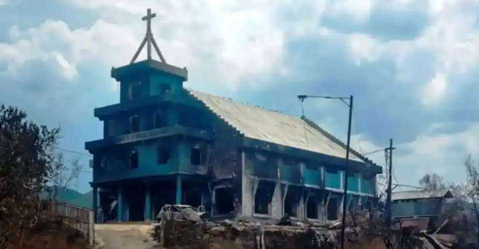 The remains of a burnt church are seen in Langching village, some 45 km from Imphal, the capital city of Manipur. Ethnic violence has kept Christians in India's northeastern state on edge since May 3, 2023.